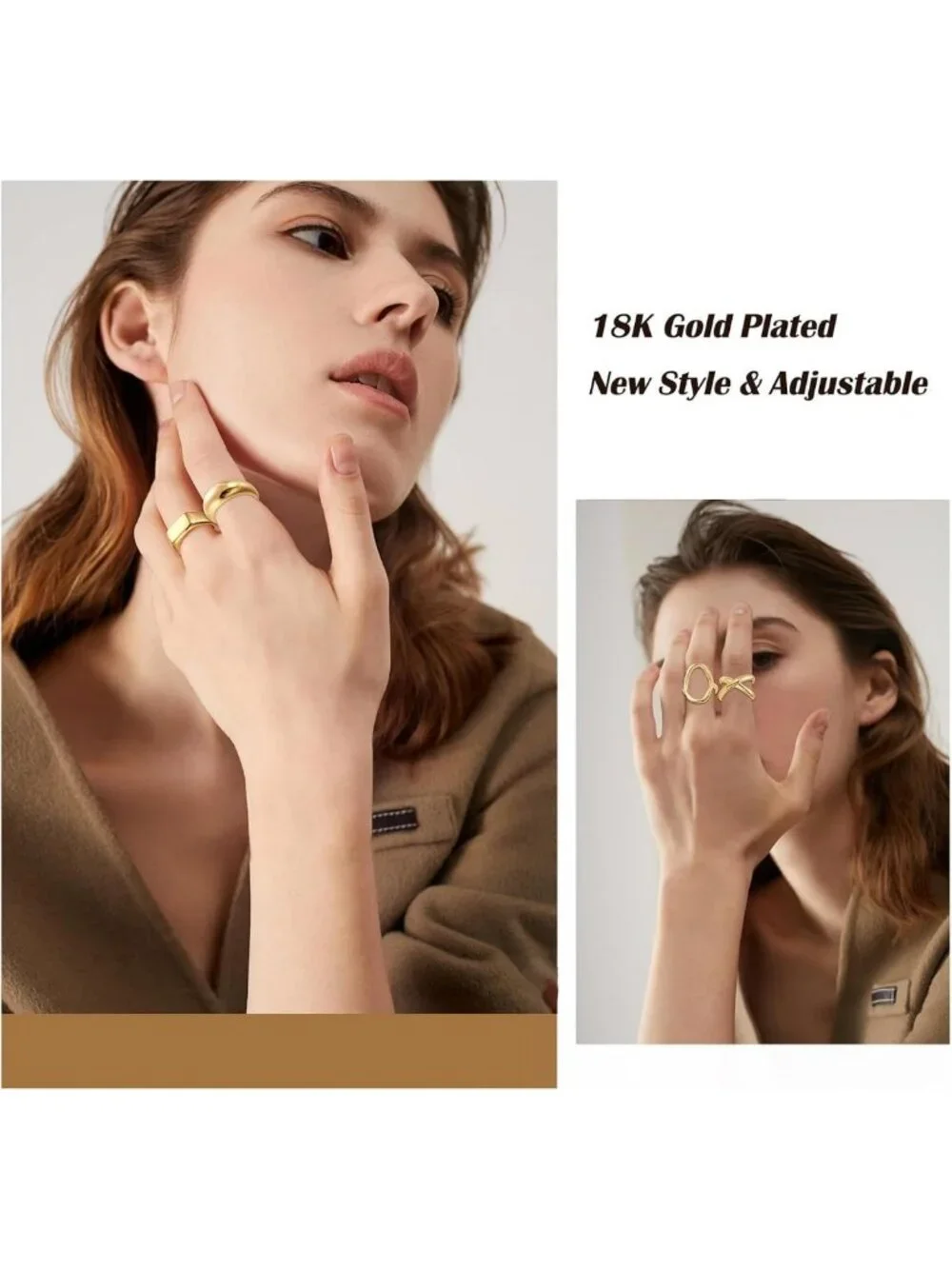 10PCS Gold Dome Chunky Statement Rings for Women - Adjustable Braided Signet